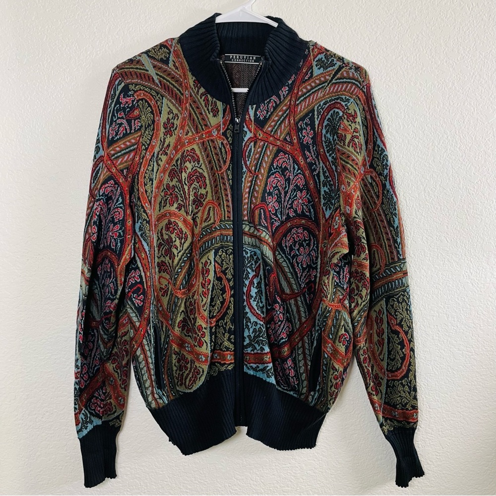 Peruvian Connection Paisley Zip Cardigan Pima Cotton Tencel Knit Sweater | Large